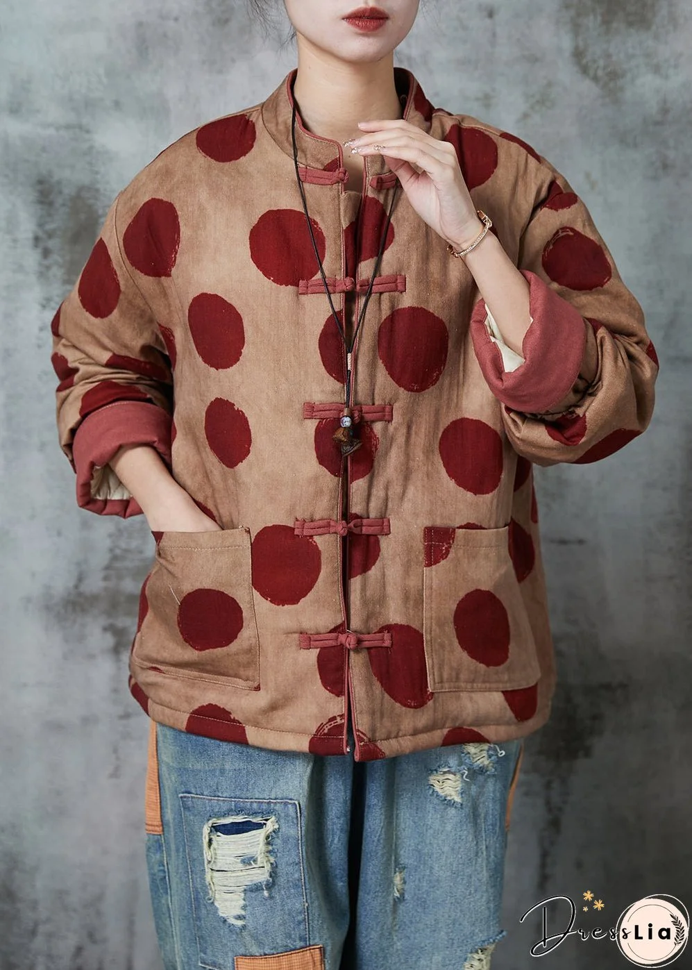 Women Orange Print Chinese Button Fine Cotton Filled Coat Winter