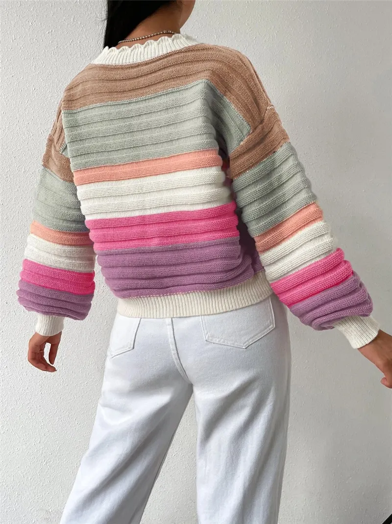 Athvotar Athvotar R-Shirt 2025 Autumn And Winter Sweater Coat Women's Rainbow Striped Lantern Sleeve