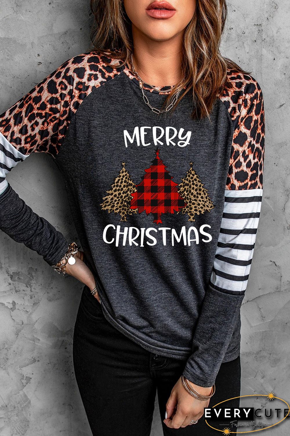 MERRY CHRISTMAS Leopard Plaid Trees Raglan Top