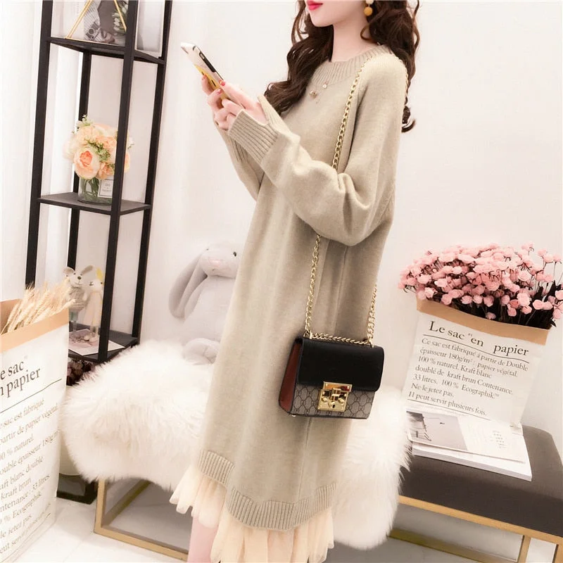 Casual Solid O-Neck Mid Length Over Knee Women's Woolen Dress 2021 New Fashion Loose Lace For Girls Spring Autumn Sweater Dress
