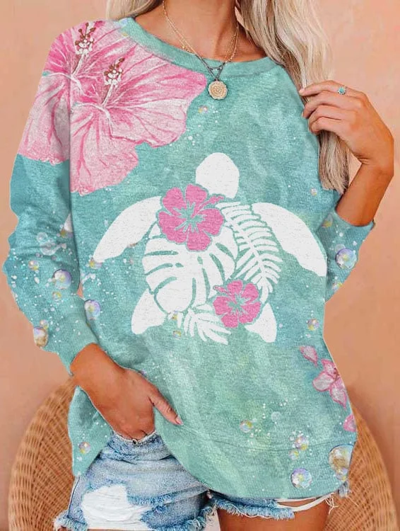 Women's Maui Turtle Hibiscus Print Sweatshirt