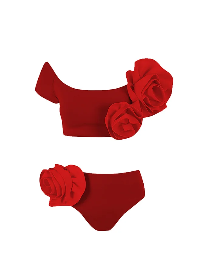 3D Flower Decor Bikini Swimsuit And Beach SKirt