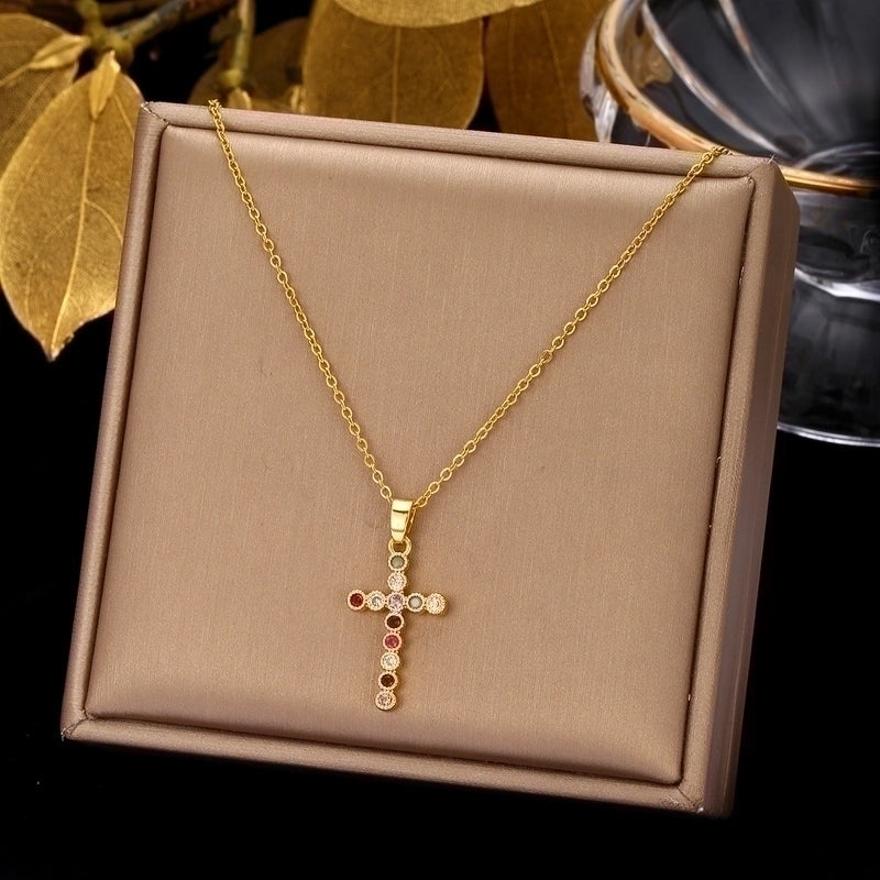 2 Pieces Ethnic Style Cross Stainless Steel Inlay Zircon Pendant Necklace