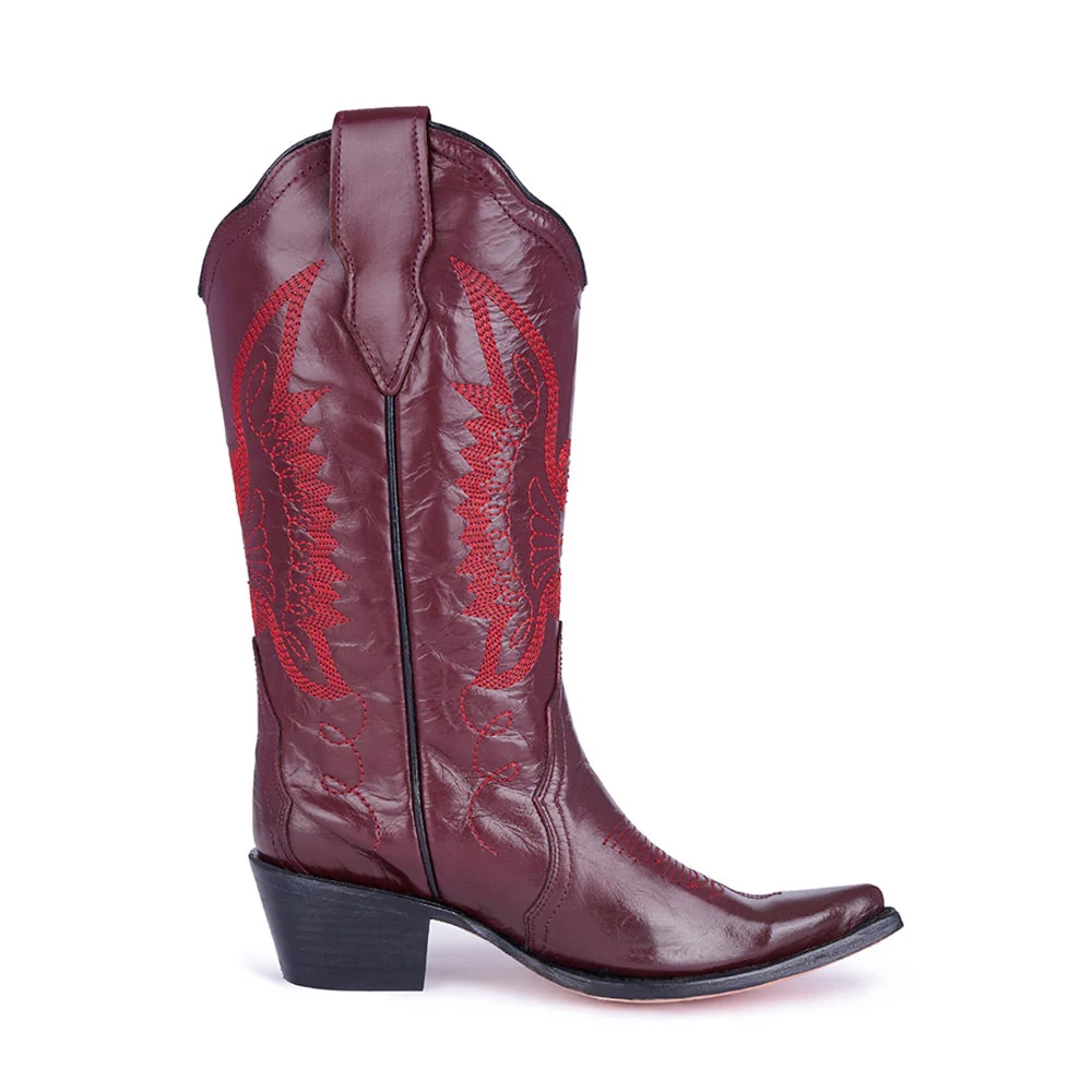 Burgundy Eagle Embroidery Chunky Heel Cowboy Boots for Women