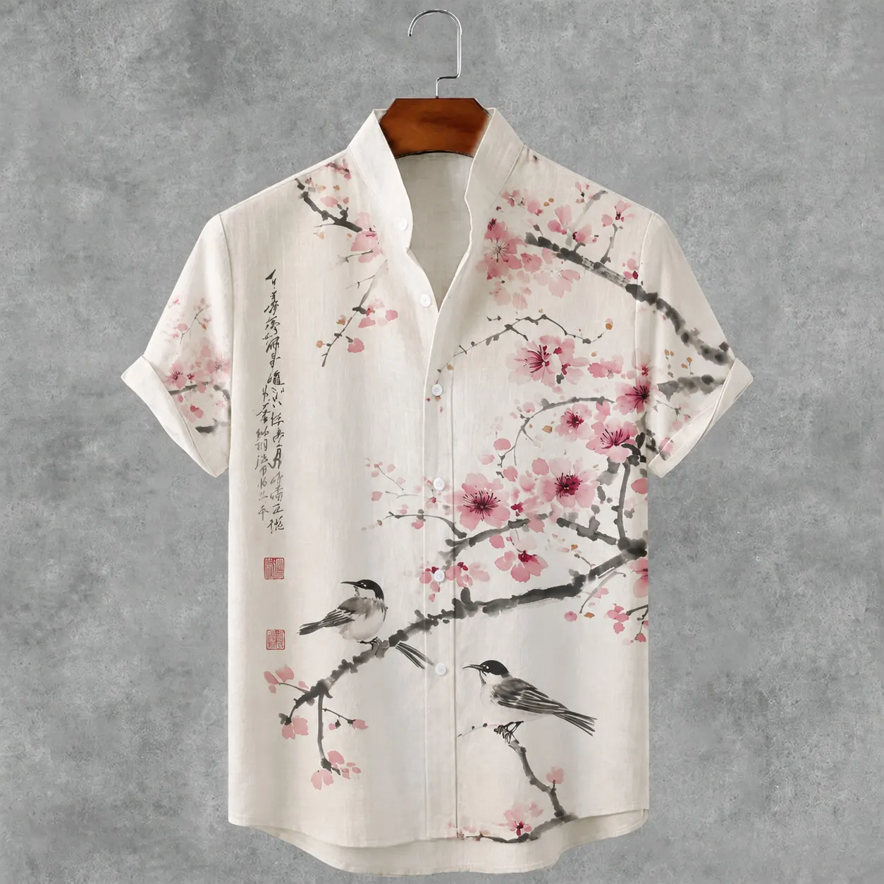 Men's Retro Japanese Style Cherry Blossoms And Birds Print Linen Blend Short-sleeve Shirt  artssus