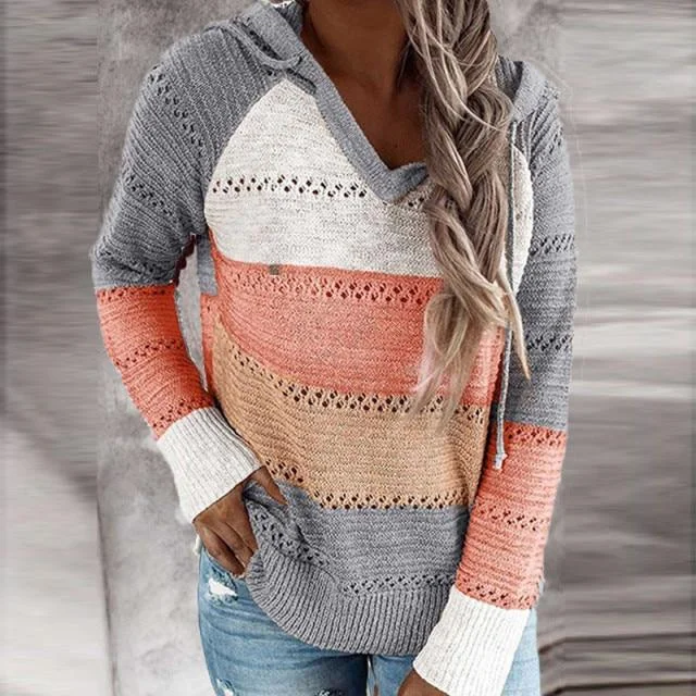 Autumn Women Patchwork Hooded Sweater Long Sleeve V-neck Knitted Sweater Casual Striped Pullover Jumpers  New Female Hoodies
