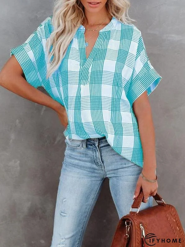 Women's Blouses V-Neck Plaid Short Sleeve Blouse | IFYHOME