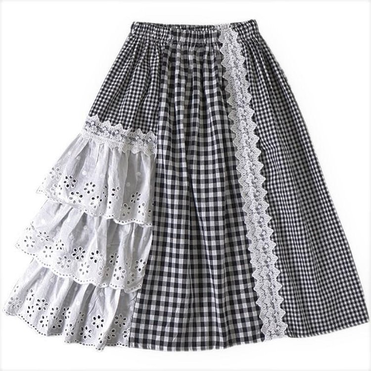 Queenfunky cottagecore style Plaid Lace Patchwork Skirt QueenFunky