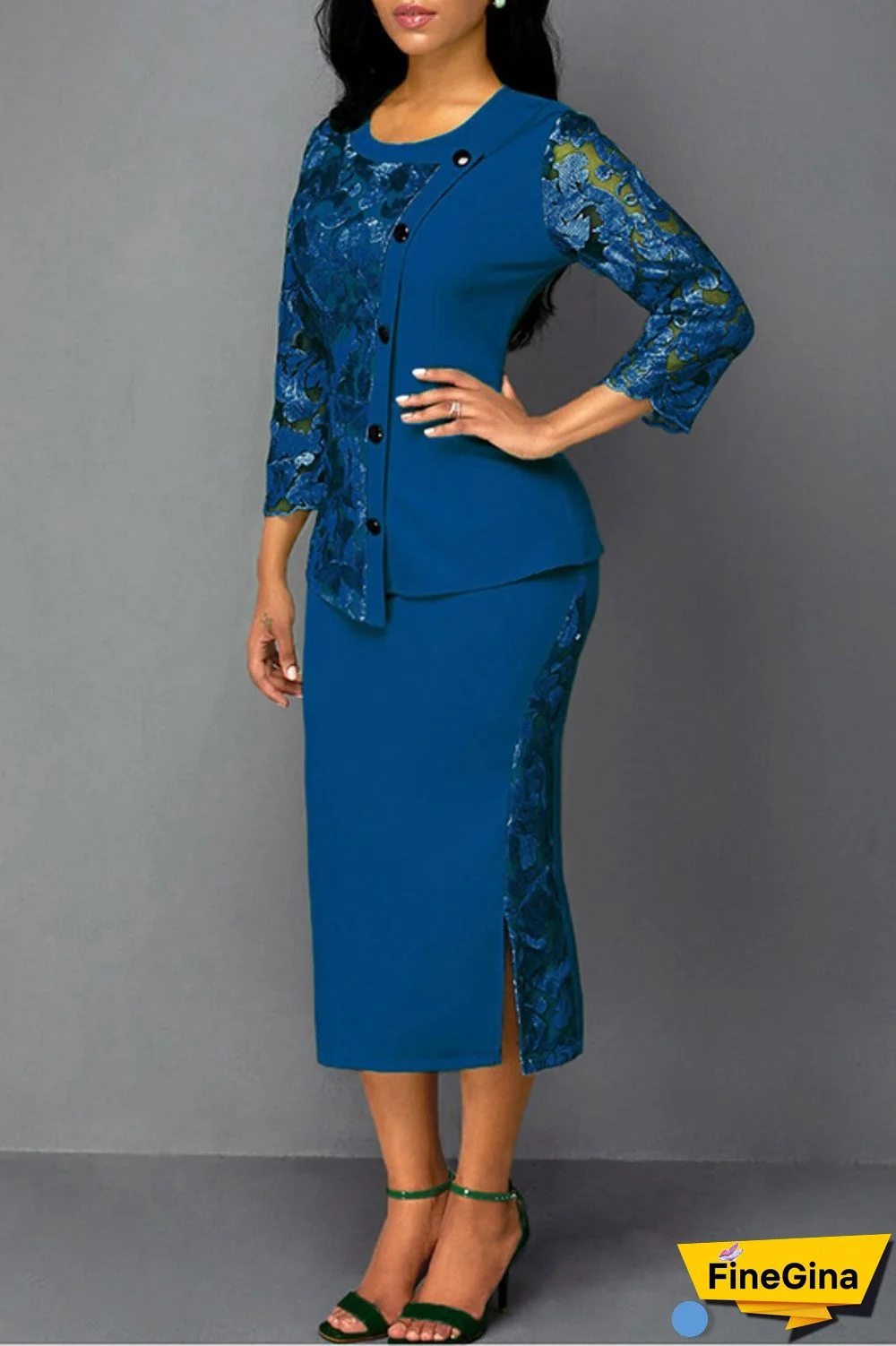 Blue Casual Solid Patchwork O Neck Three Quarter Two Pieces