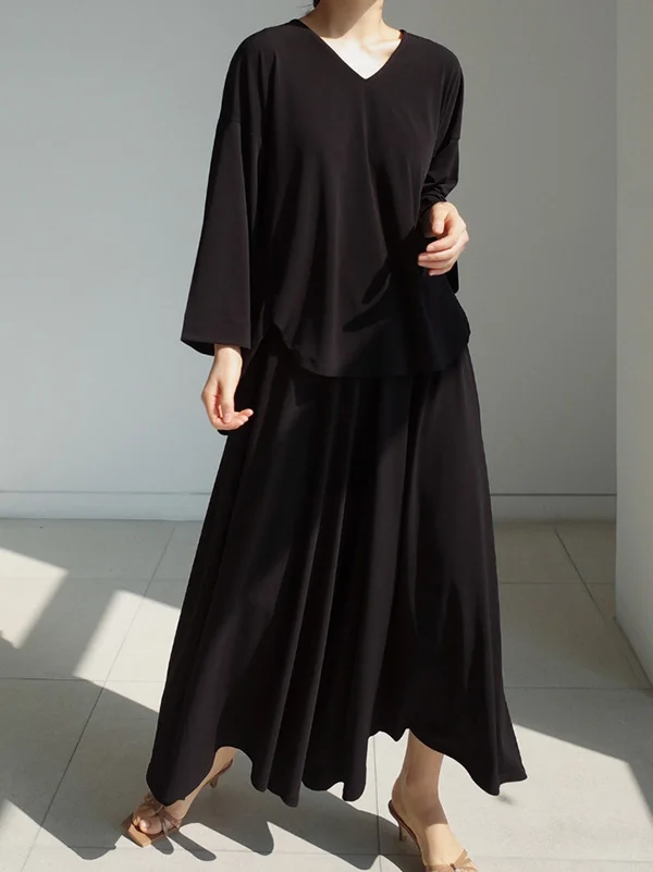 Black&Gray Minimalist Roomy High-Low T-Shirt&Wide Leg Pants