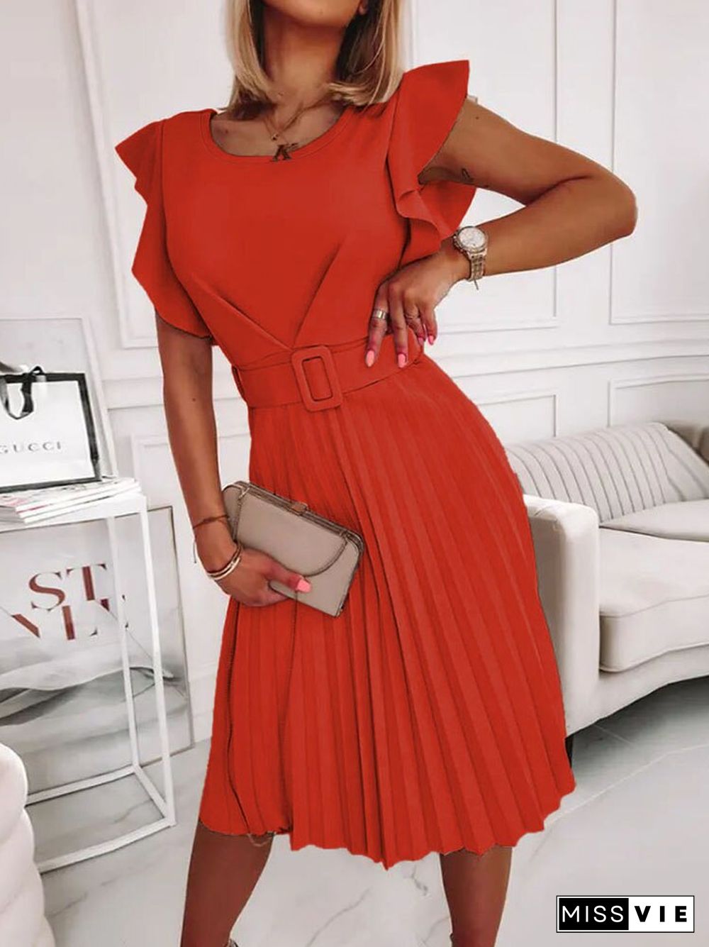 Elegant Round Neck Flying Sleeve Midi Dress Women Summer Fashion Pleated Solid Color Dress Office Ladies Casual Belt Dress