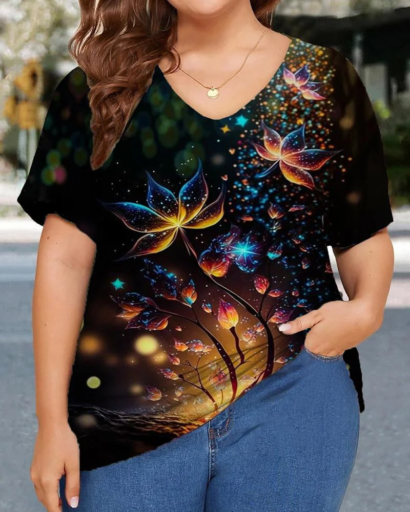 Dandelion Print V Neck Plus Size Women's Short Sleeves
