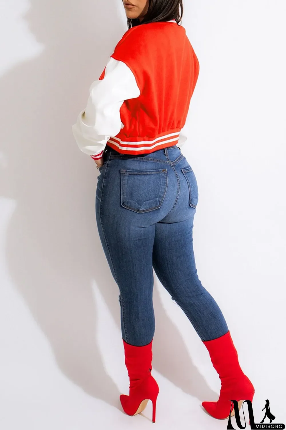 MidiSono - Blue Casual Print Patchwork Zipper Outerwear