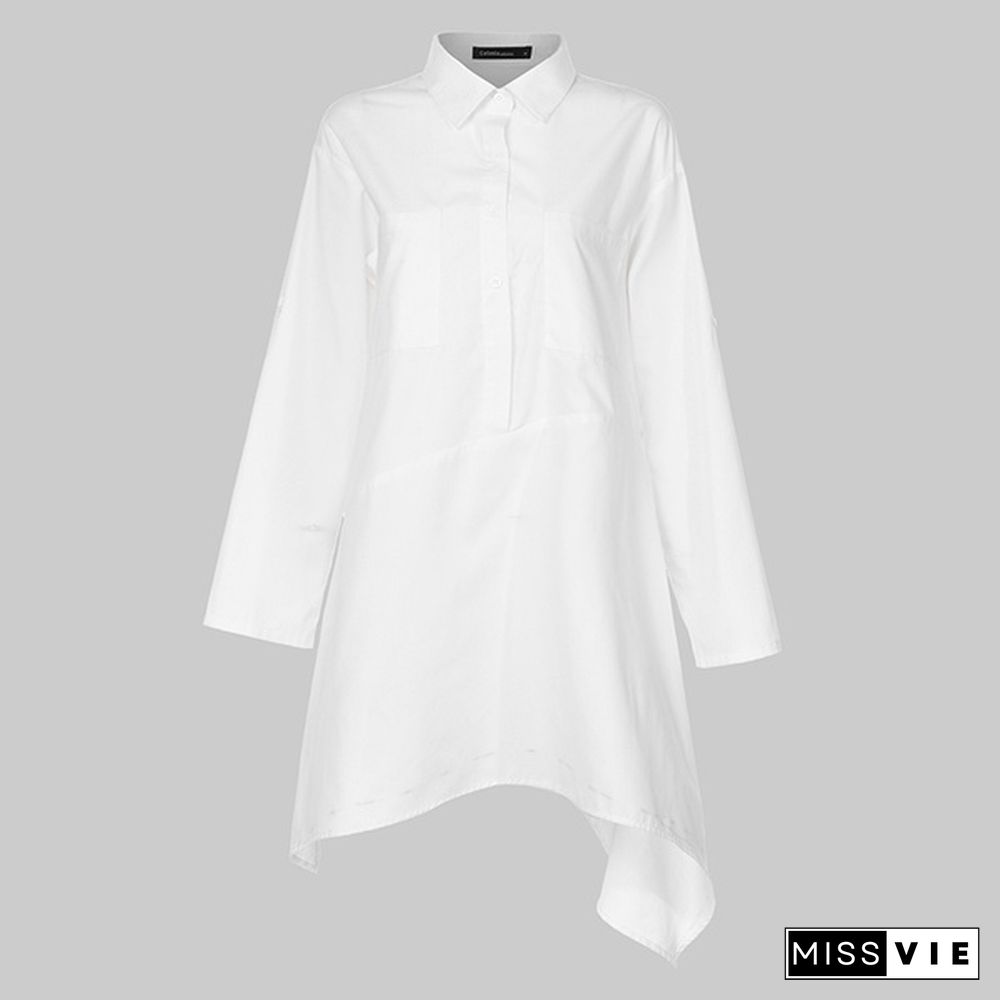Womens Autumn Casual Long Shirt Irregular Hem Sleeve Turn Down Collar Loose Blouse Plus