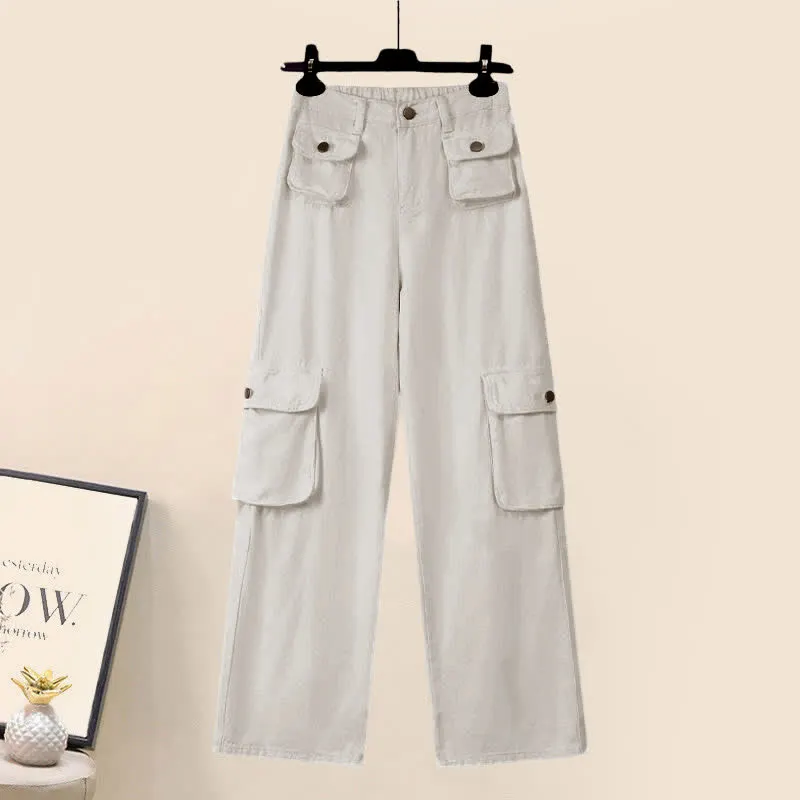 Lattice Print Drawstring Lapel T-Shirt Loose Denim Pants