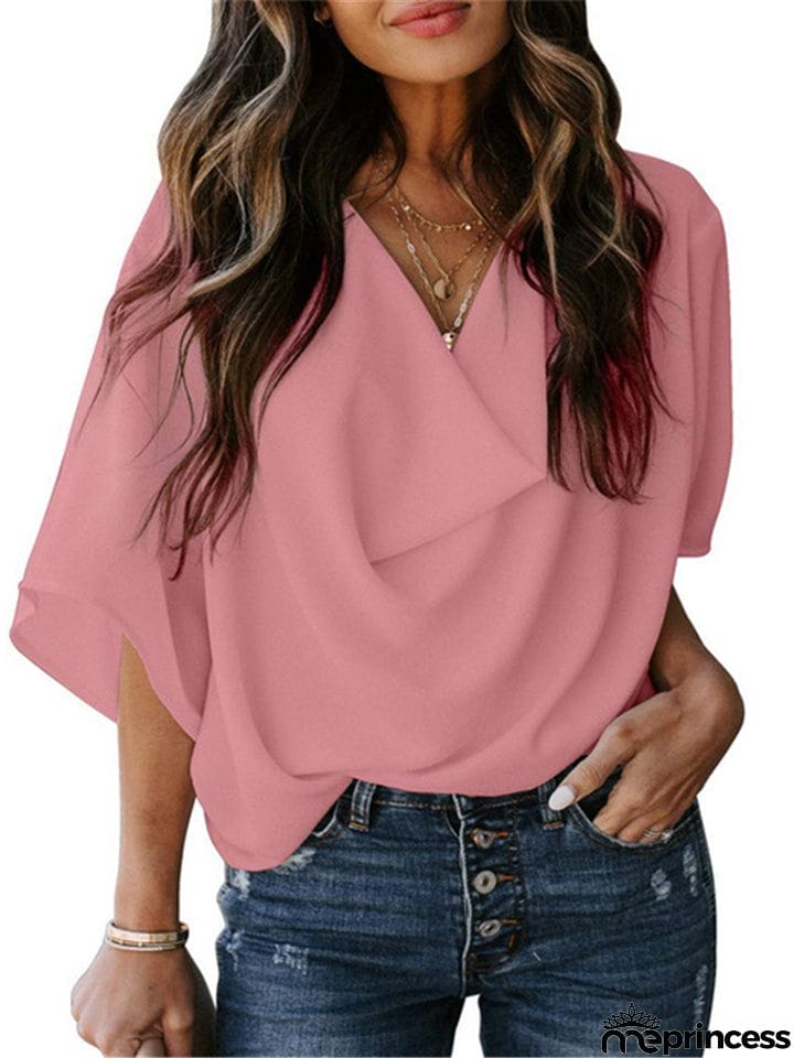Feminine Flowy Style Cowl Neck Half Sleeve Lightweight Chiffon Pullover Tops