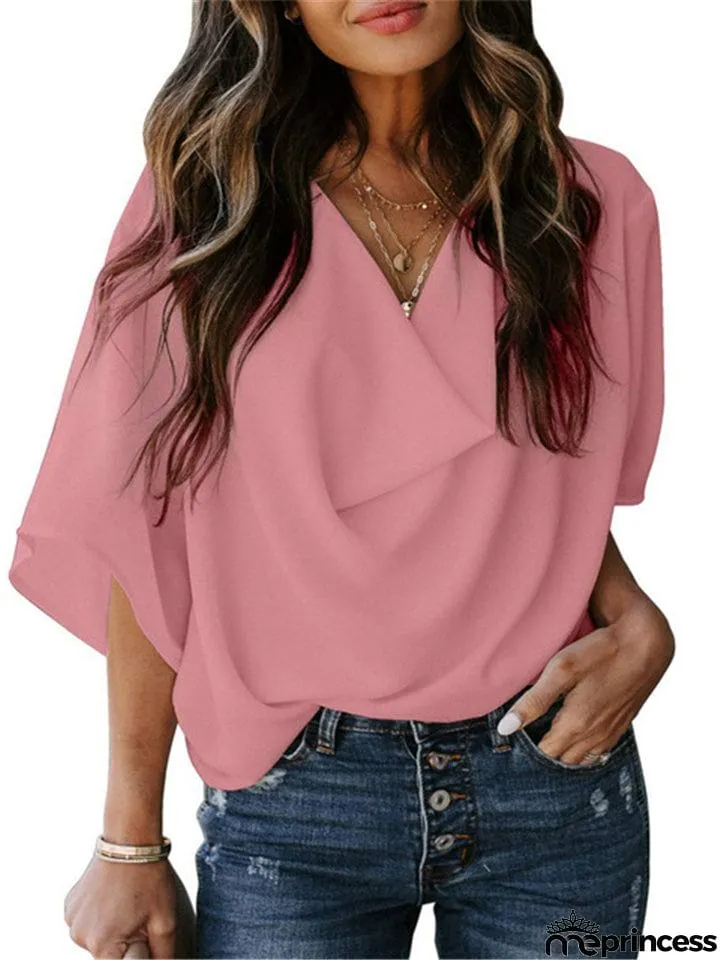 Feminine Flowy Style Cowl Neck Half Sleeve Lightweight Chiffon Pullover Tops