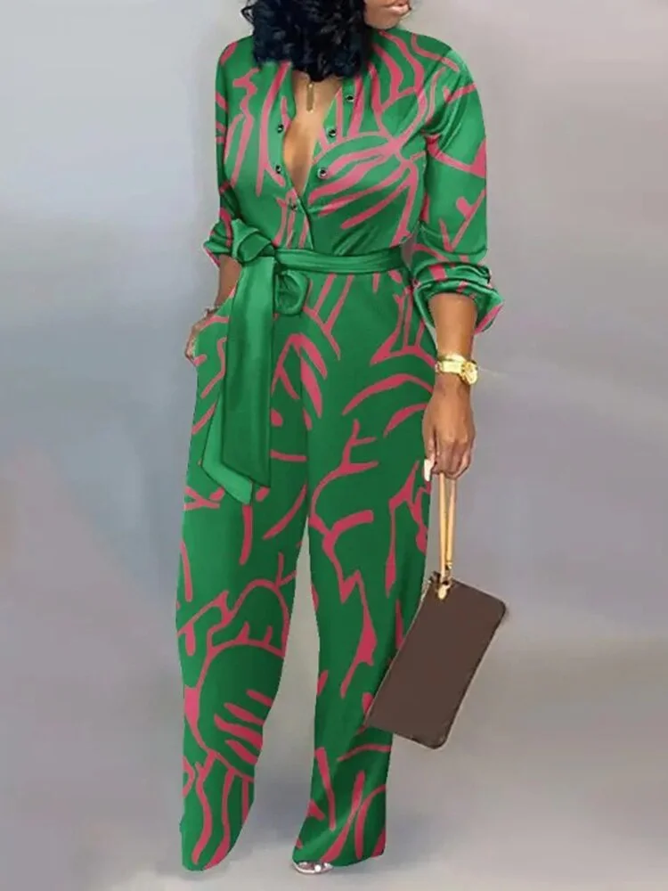 Autumn Elegant Letter Print Lace-up Jumpsuit Women 2023 Fashion Deep V-neck One Piece Overalls Casual Jumpsuits Streetwear