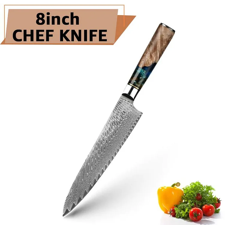 Damascus Steel VG10 Chef Knife with Blue Resin and Color Wood Handle-8" chef knife