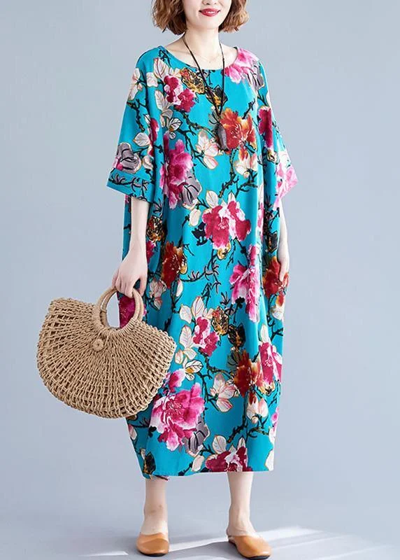 Fine Blue Print Linen Vacation Summer Cotton Dress