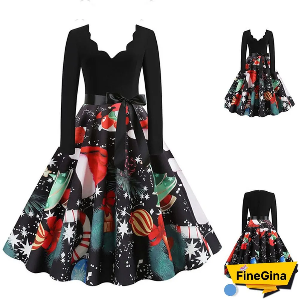Womens Fashion Casual Dress Lace V Neck Christmas Deer Musical Notes Cat Print Santa Cluas Snowflake Dress Christmas Dress Print Vintage Flare Dress Bowknot High Waist Swing Dress