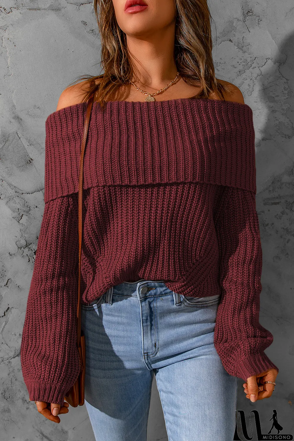MidiSono - Red Ribbed Knit Foldover Off Shoulder Sweater