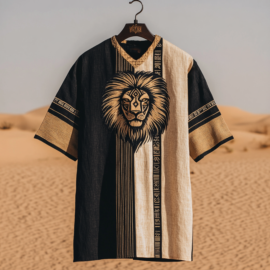 Men's African Ethnic Lion Art Linen Blend T-shirt