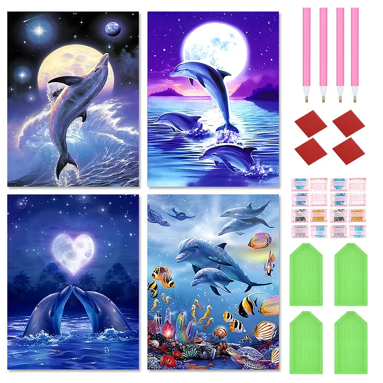 4pcsDolphin In The Bright Moon 30*40CM (Canvas) Full Round Drill Diamond Painting gbfke