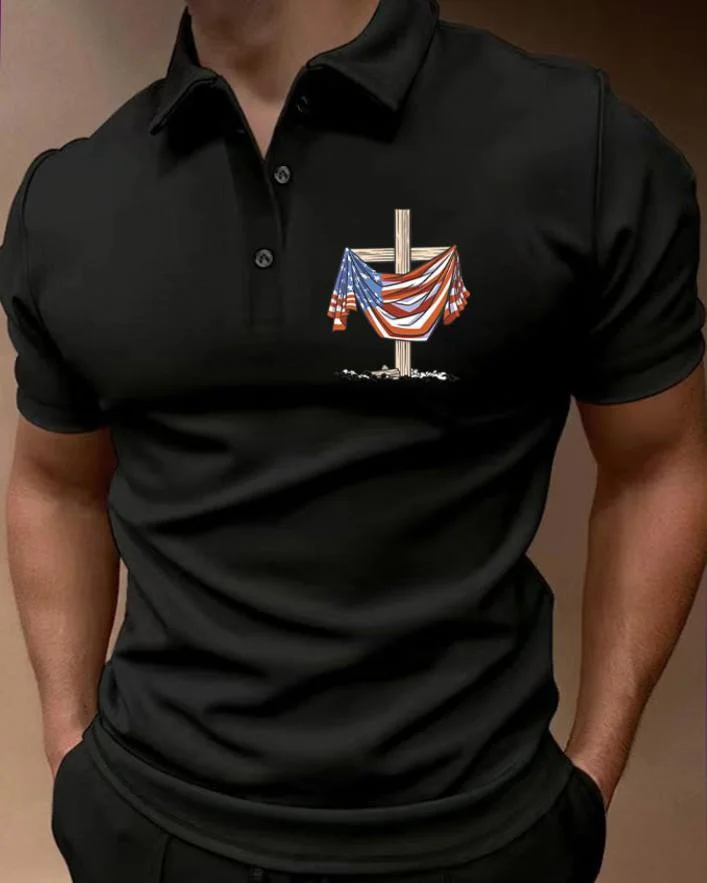 Men's Casual Flag Printed Short Sleeved Polo Shirt at Hiphopee