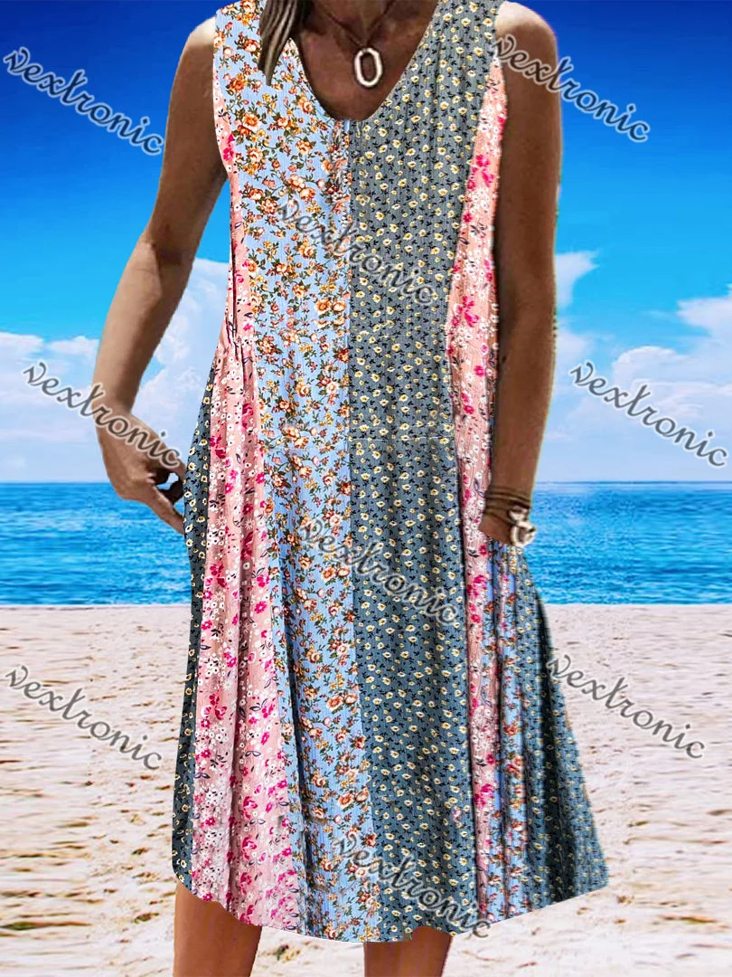 Women's Blue V-Neck Sleeveless Floral Printed Midi Dress