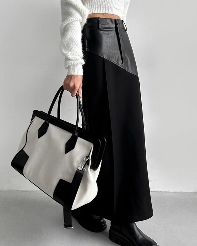 Patchwork Asymmetric Faux Leather Back Split Midi Skirt