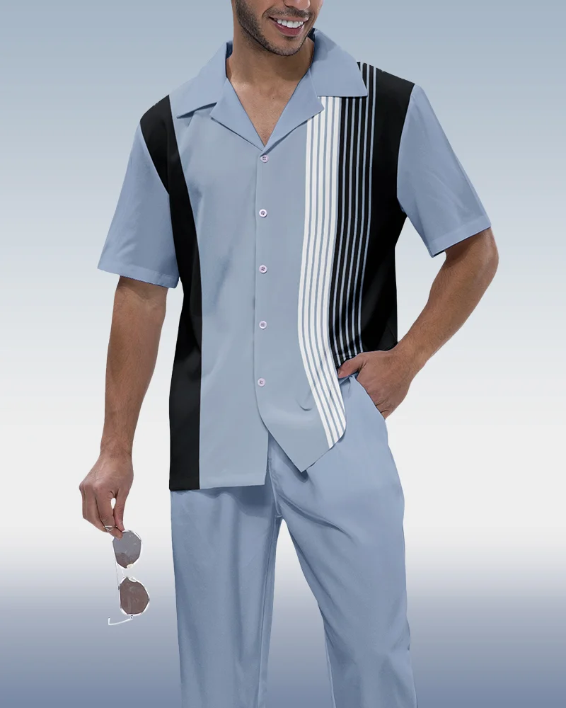 Suitmens Men's 2-piece short-sleeve suit with vertical stripes 002