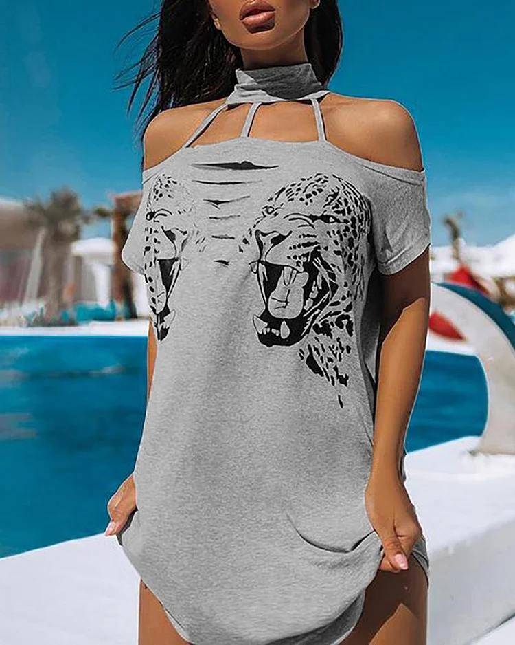 Tiger Print Cold Shoulder T Shirt Dress P1626002172