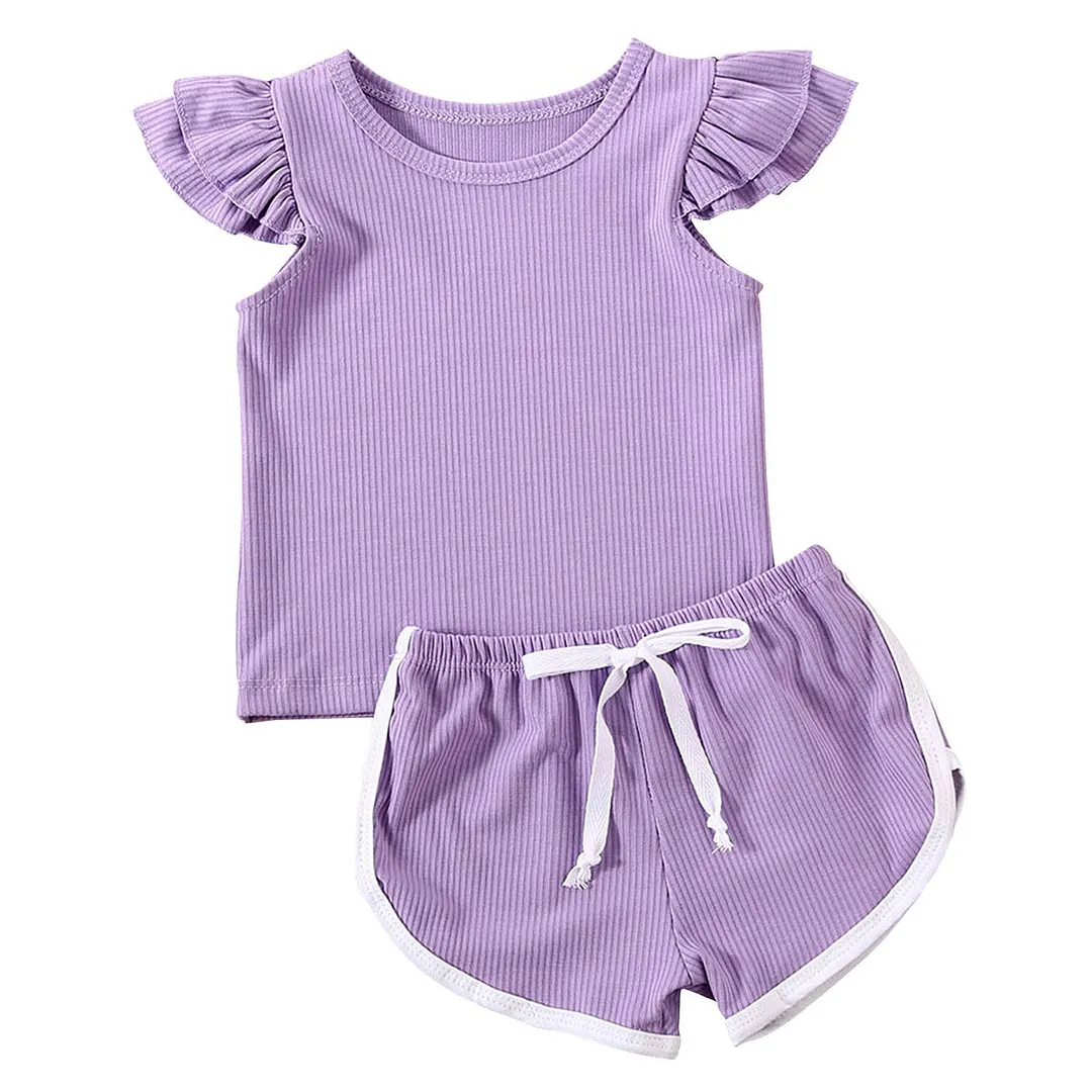 2020 Baby Summer Clothing 2PCS Newborn Kids Baby Girl Clothes Ruffled Sleeve Shirt Top Pants Shorts Kintted Ribbed Outfit Set
