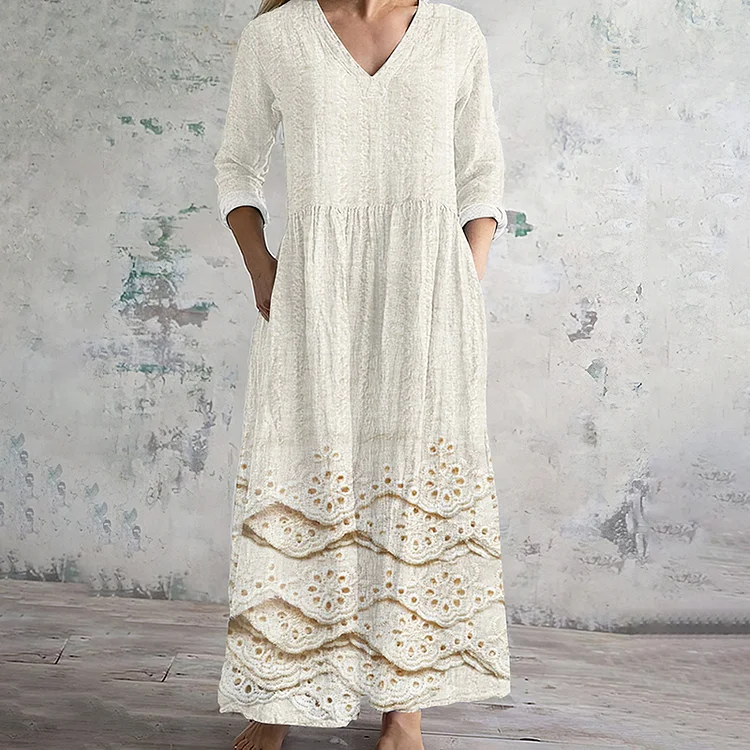 Vintage Floral Embroidered Lace Art Women's Linen Dress
