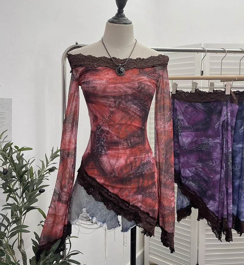Breakj Tie-Dyed Leopard Print Lace Spliced Double-Layer Mesh Shoulder Irregular Loudspeaker Top 9912