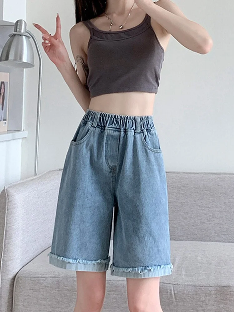 Nncharge Summer Casual Lady Loose Elastic Waist Wide Leg Denim Shorts Vintage Women High Street A-line Denim Shorts