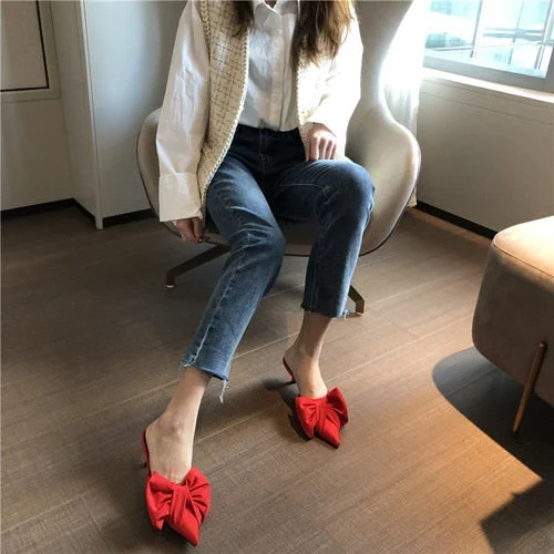 2021 New Spring Slippers Women's Korean-Style Pointed Polka Dot Bow Stiletto Mid-Heel Low Heel Slippers Polka Dot Half Slippers