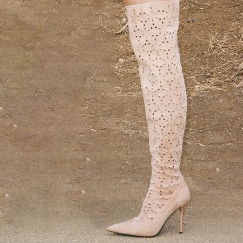 Nude Vegan Suede Pointed Toe Laser-Cut Perforated Heeled Boots Nicepairs