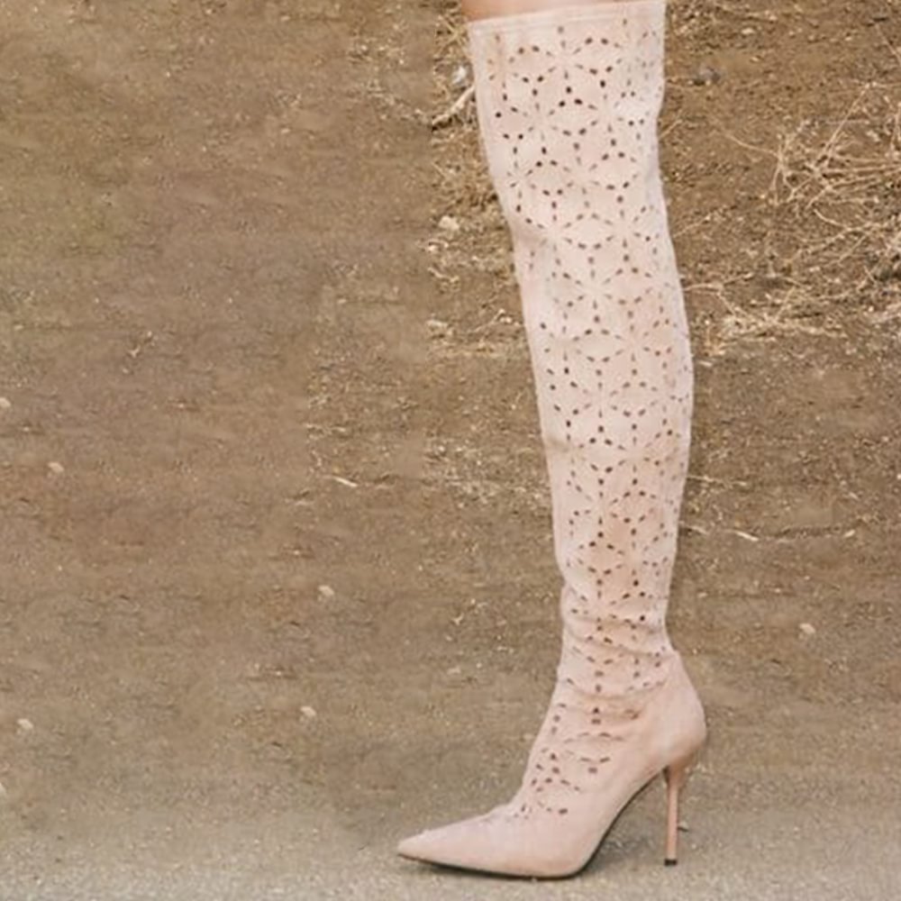 Full Nude Hollow Out Over the Knee Boots Suede Stiletto Heels For Women Nicepairs