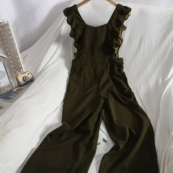 Ftlzz Spring New Arrival Women Casual Solid Jumpsuit Office Lady Sleeveless Ruffle Sexy Top Long Wide Leg Pants Outfits