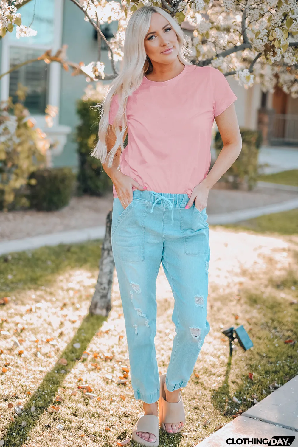 Pink Plain Crew Neck Short Sleeve Tee