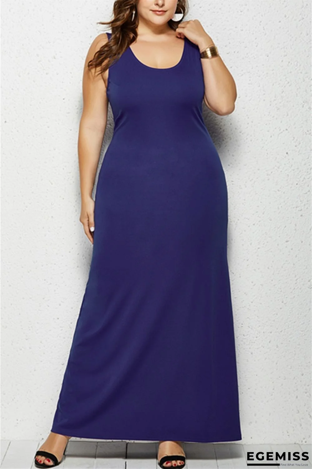 Dark Blue Minimalist Plus Size Knit Round Neck Sleeveless Dress | EGEMISS