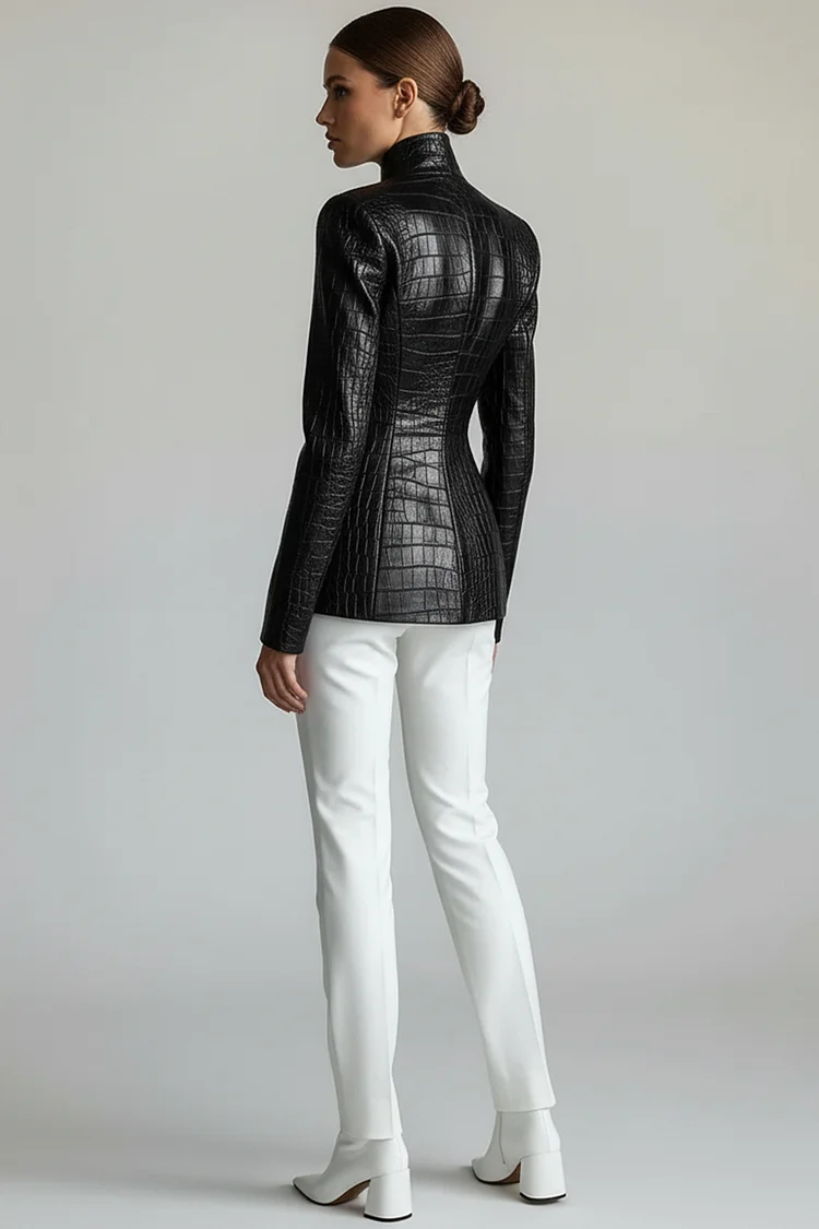 Plus Size Business Casual Black Crocodile Embossed Mock Neck Long Sleeve Casual PU Leather Jacket [Pre-Order]