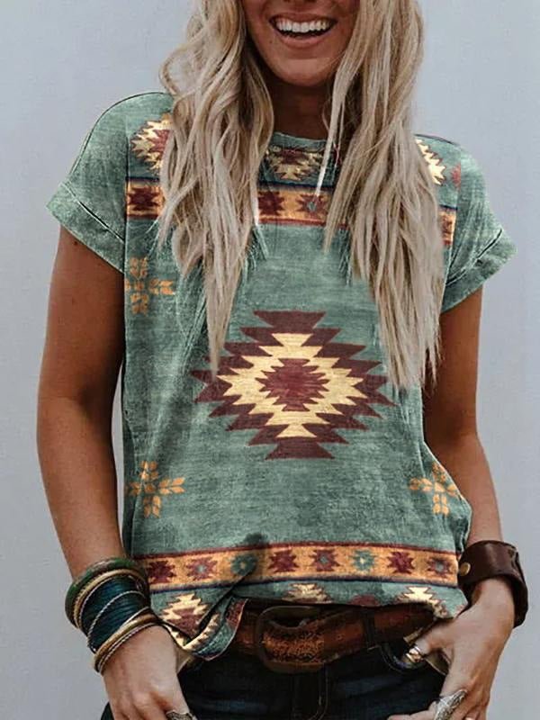 Women's Western Ethnic Style Rhombus Print T-shirt