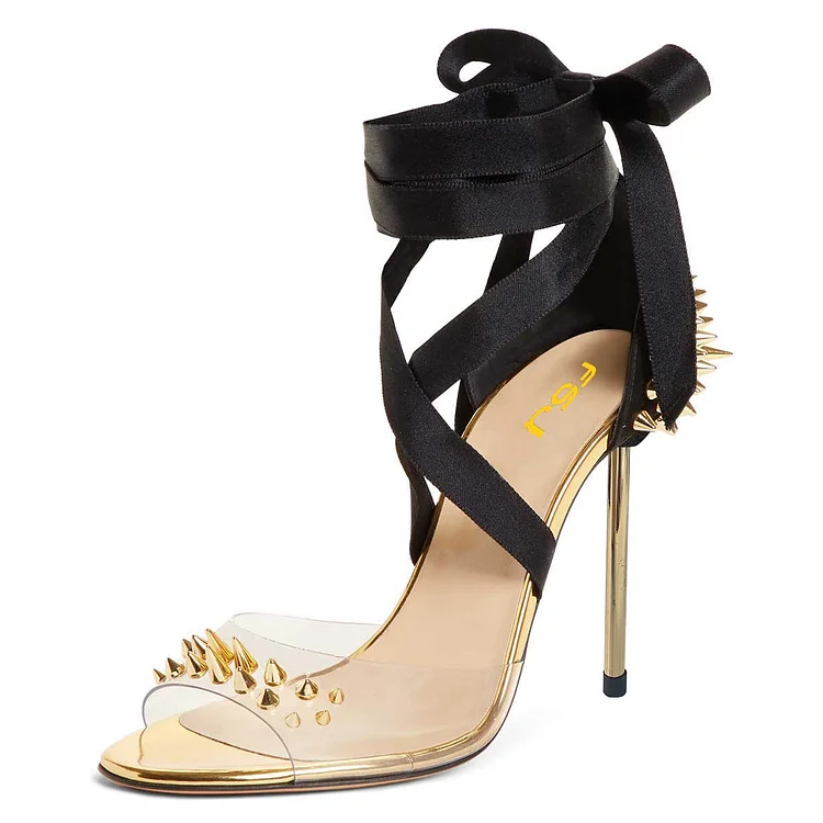 Black & Gold Crisscross Straps Lace Up Heeled Sandals with Rivets |FSJ Shoes