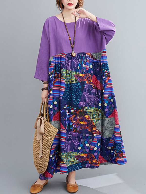 Original Round-Neck Split-Joint Printed Dress