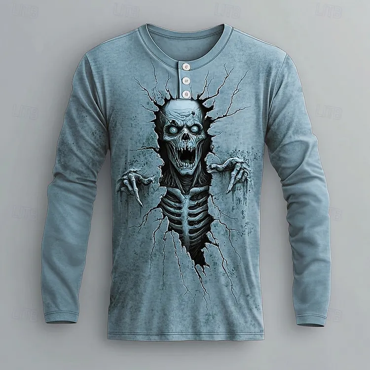 Men's Retro Halloween Skull Print Casual Henry T-shirt
