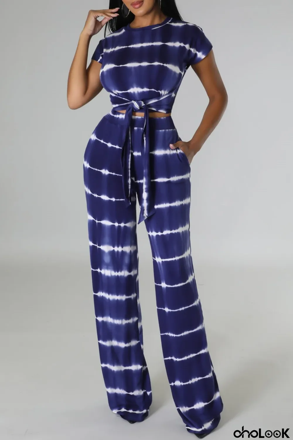 Deep Blue Casual Print Patchwork Frenulum O Neck Short Sleeve Two Pieces