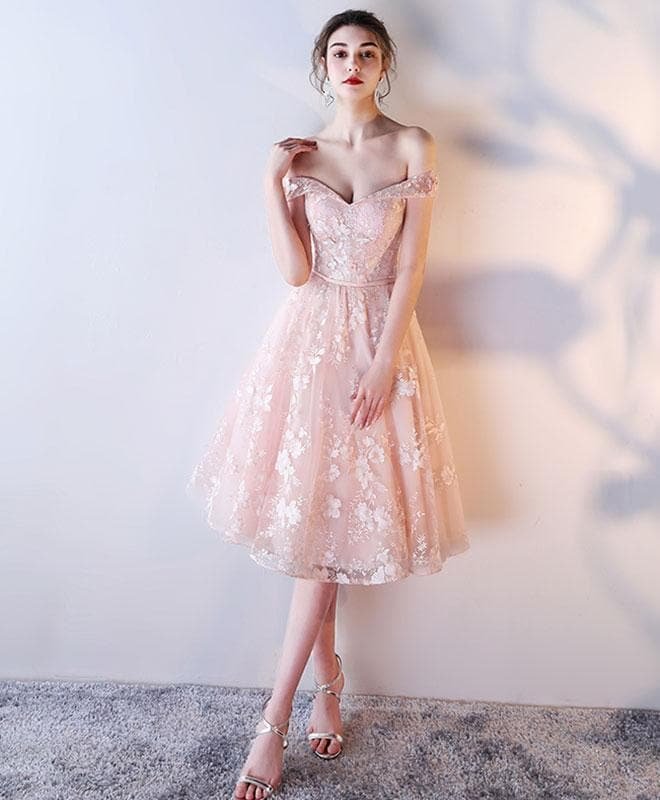 Pink Lace Off Shoulder Short Prom Dress, Lace Evening Dress